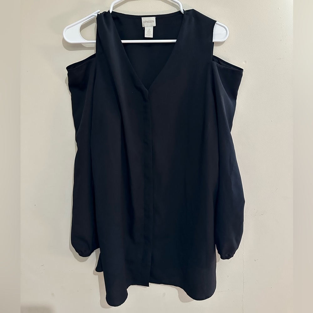Chico’s Large Black Button Up V Neck Cold Shoulder Blouse